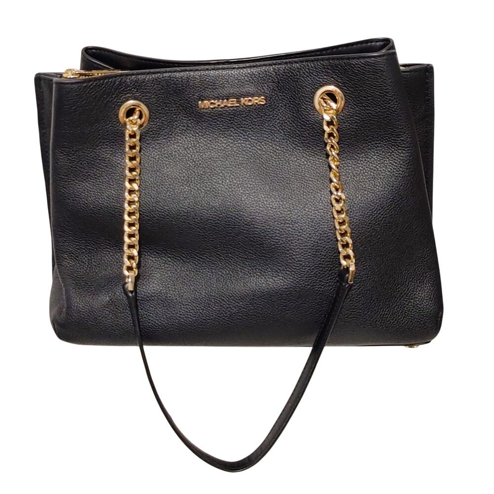 Michael Kors Teagan Large Pebbled Leather Shoulder Purse Bag Black Chain Strap - Picture 2 of 7